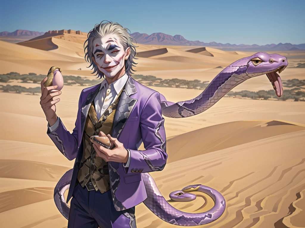 Portrait of a man in his 40s、standing、silver hair、(the joker:1.2), smile , Long body、 、desert background、(holding eggs:1.1) , (pick-up), (A big snake is behind.:1.5)