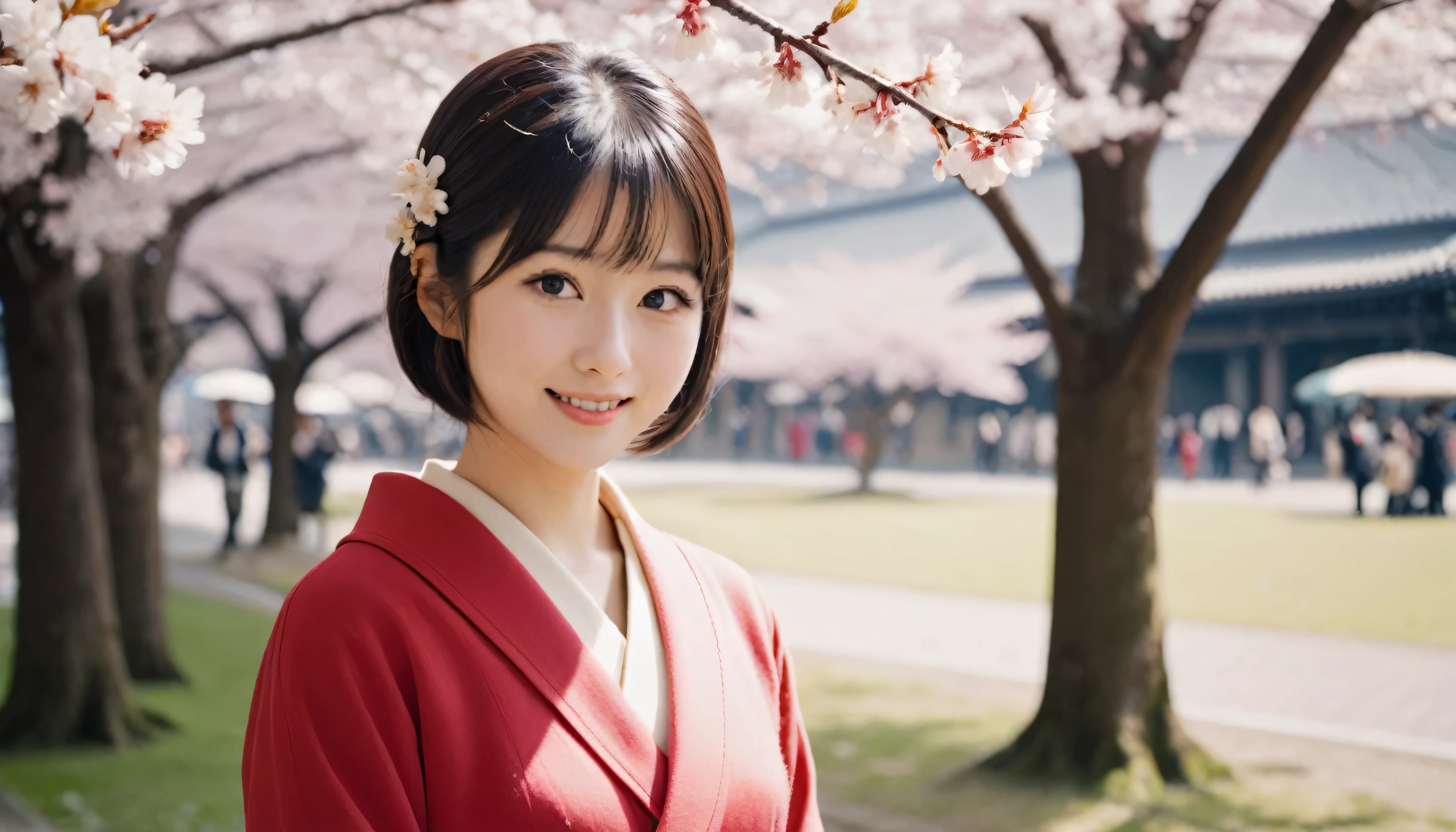 Retro Photography, 1960s , Agfa, Kodak, One girl,  Portraiture, Looking_in_Audience,  smile,  Japan, Tokyo, Cherry Blossom,  Octane Rendering,  One person in, rtrophto1