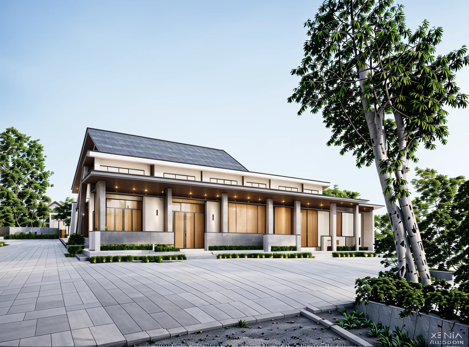 Modern architecture, xinfa aluminum glass doors, (stone wall, white paint), trần ốp gỗ, best quality, super detailed, true, expression, Gray Japanese tile roof, Yellow light temperature 4000k, The courtyard is covered with ceramic tiles, green exterior, evening sky
