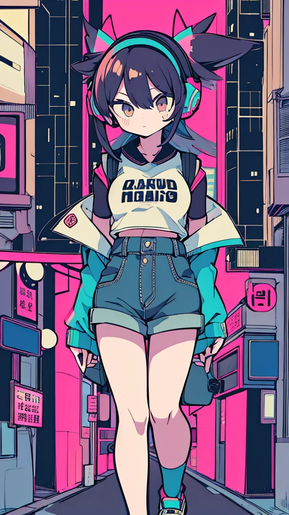 Best quality, (masterpiece:1.2), best detail face,1 girl is walking, small breasts, 18 yo, 8k,absurdres,unity 8k wall paper,(extremely detailed:1.3), highest realistic, (retro headphones:1.1),(psychedelic:1.2),Retro cityscape, 1girl in, retro artstyle, neon art style_Pop, public, outside of house, street signs, loose clothing, 18 yo,Lots of signs with kanji written on them, ((retro city　mood)), dark natural pallet