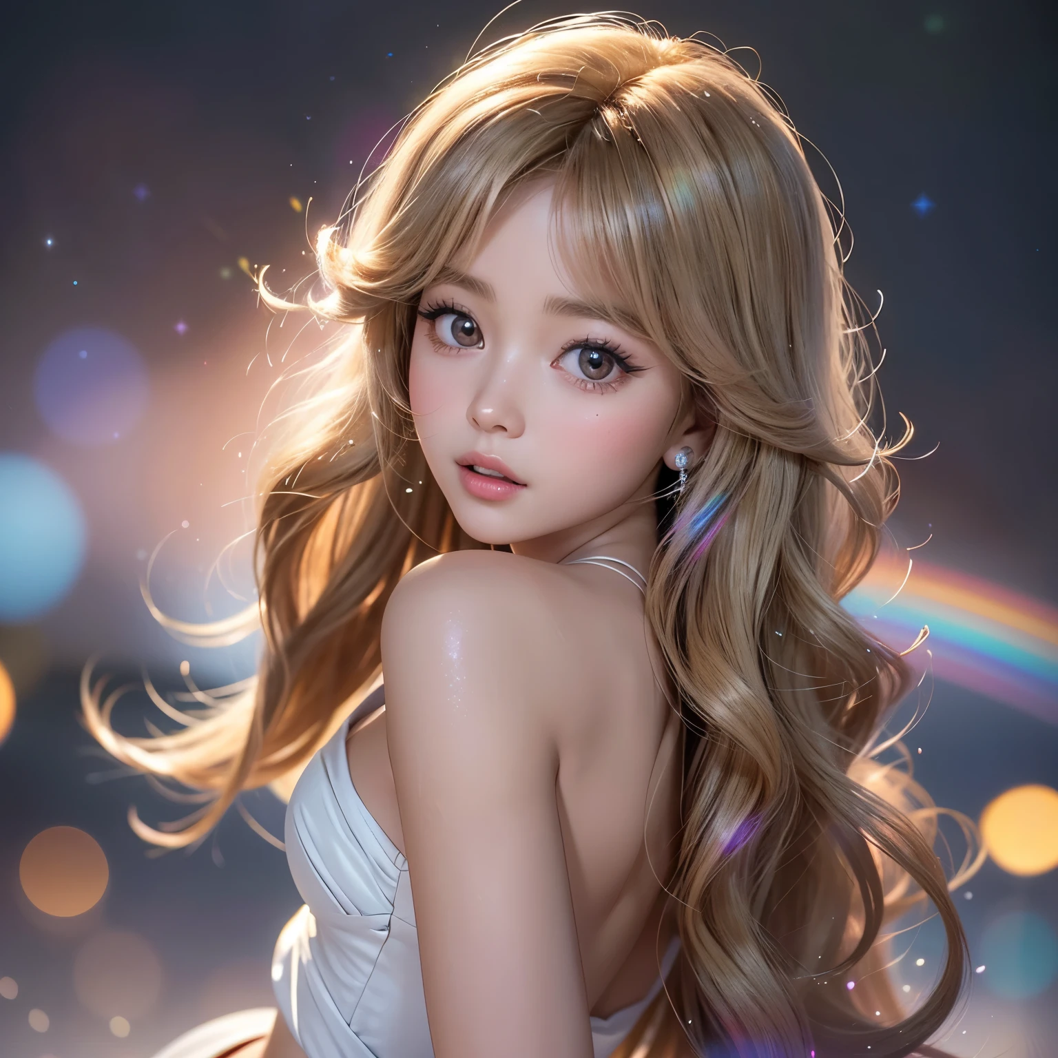 NSFW, 8k, High-level, absurd, masterpiece, best quality, primitive, very detailed CG, very detailed wallpaper, perfect lighting, Extremely detailed ((( personifying " Farrah Fawcett Majors " as a ))), MysticSight, Tyndall effect, Tyndall scattering, (Studio gray background with (Overflowing oodles Dazzling RainbowColorParticles (BokeH))), (RoundlyButts, ThighGap), (Exposed:0.4), (Assfocus with looking ahead) BREAK (Acutance:0.88), (NOGIZAKA face variations) Extremely Detailed very KAWAII face variations, perfect anatomy, Childish, CaptivatingGaze ElaboratePupils detailed Eyes with (sparkling highlights:1.28), (Voluminous LongEyelashes、GlossyRED Lips with beautiful details, RosyCheeks, Radiant PearlSkin with Transparency . { (Dynamic LifeLike expressions:1.4) | :d) }, (large eyes:-1) .