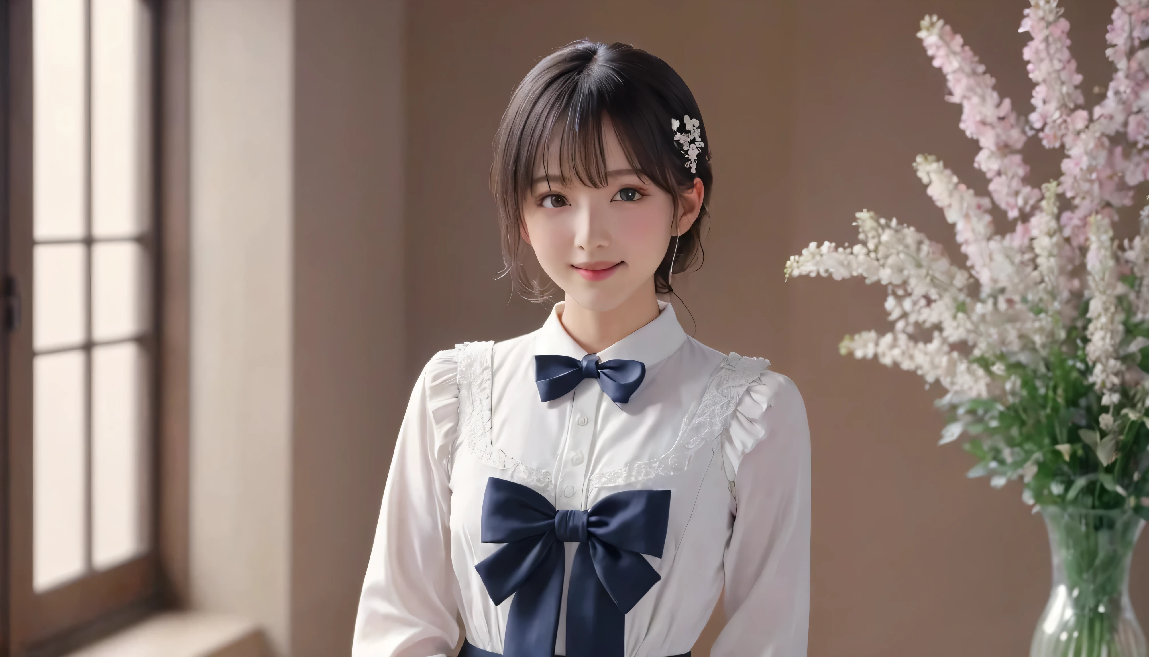 Medium display, Medium Shot, Depth of written boundary, bust, Upper Body, Movie angle, masterpiece, Highest quality, Very detailed, CG, 8k wallpaper, Beautiful Face, Delicate eyes, country々, alone, smile, bangs, skirt, shirt, Have, dress, bow, petal, bouquet