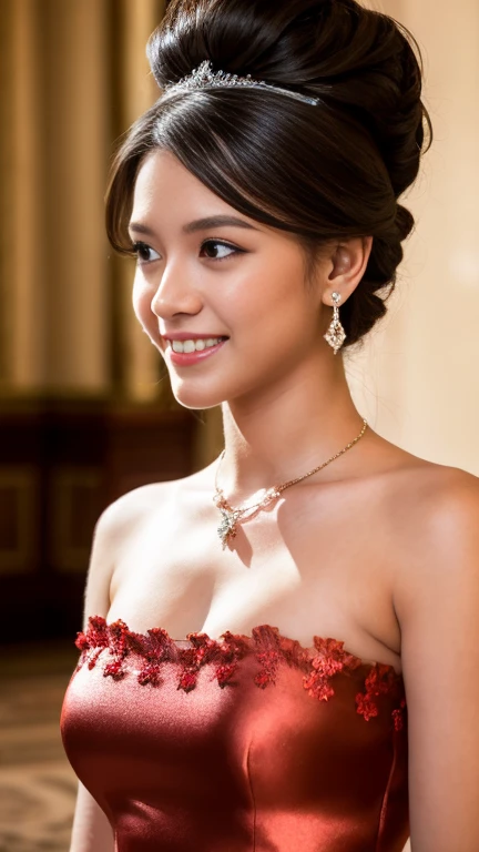 Front view , 1 female is Netherland princess, Black girl ,Age: 20 age-old, Black hair, chignon, detailed brown eye,little smile, ((Red gorgeous silk princess long dress)),Red lace opera glove, princess tiara, earring, peal neckless, HI heals , stand on floor, in gorgeous palace, UHD, accurate, anatomically correct, textured skin, super detail, high details, high quality, best quality, 4K,