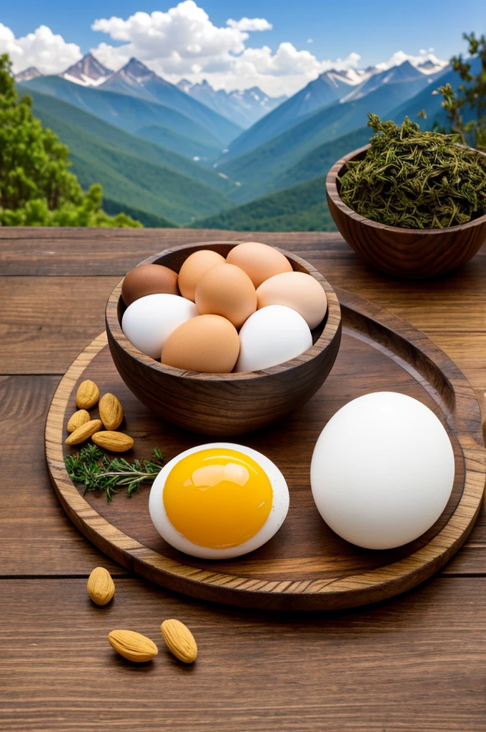 Eggs , dry fruits, herbs put in a wooden desk and mountains behind them .