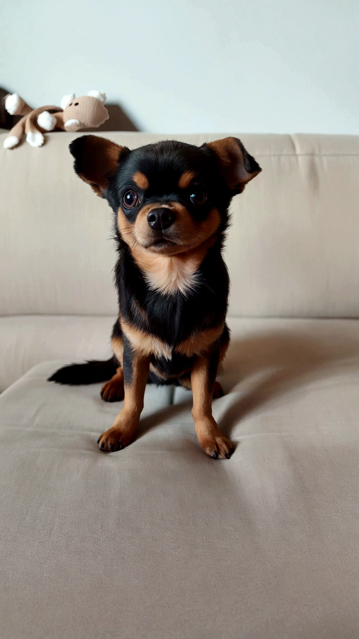 there is a cachorro pequeno sitting on a couch with a stuffed animal, chihuahua, cachorro pequeno, chihuahua de cabelos compridos, Russian brown toy terrier breed, por Emma Andijewska, queixo pequeno, !!altamente detalhado!!, olhos enormes, 2 anos de idade, Pomeranian Mix, olhos muito grandes!, olhos muito grandes, muito, muito realista