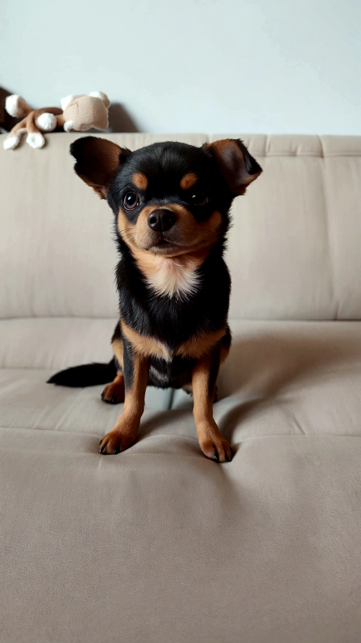 there is a cachorro pequeno sitting on a couch with a stuffed animal, chihuahua, cachorro pequeno, chihuahua de cabelos compridos, Russian brown toy terrier breed, por Emma Andijewska, queixo pequeno, !!altamente detalhado!!, olhos enormes, 2 anos de idade, Pomeranian Mix, olhos muito grandes!, olhos muito grandes, muito, muito realista