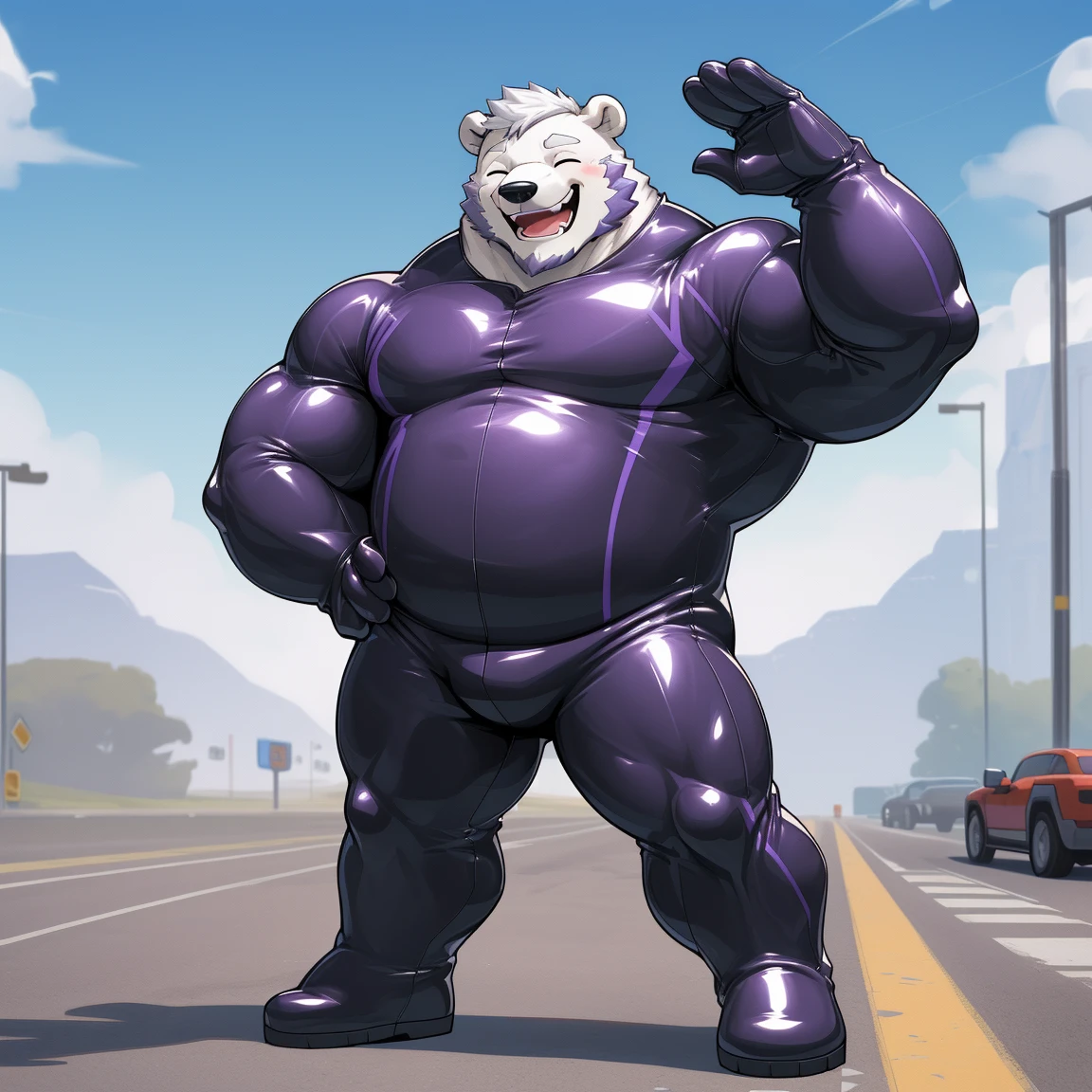 masterpiece, best quality, 8k resolution, Very detailed, hairy,(((polar bear)),(((Mature))),(((beard))),(((Strong))),(((White hair all over body))),portrait,(((White hair))),(((Roadside))),(((Left hand on waist))),For the audience,(((Purple gel coat))),(((Tight rubber suit))),Highest quality scene,Solitary,solitary,(((whole body))),(((With eyes closed))),(((Right hand salute))),(((Standing with legs apart))),(((Laughing))),((Fat-enclosed muscle)),(((Round face))),(((alone))),(((Strong body))),(((Hip bulge))),(((huge))),(((Super hero))),(((Long legs)))
