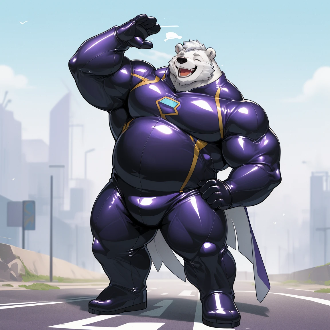 masterpiece, best quality, 8k resolution, Very detailed, hairy,(((polar bear)),(((Mature))),(((beard))),(((Strong))),(((White hair all over body))),portrait,(((White hair))),(((Roadside))),(((Left hand on waist))),For the audience,(((Purple gel coat))),(((Tight rubber suit))),Highest quality scene,Solitary,solitary,(((whole body))),(((With eyes closed))),(((Right hand salute))),(((Standing with legs apart))),(((Laughing))),((Fat-enclosed muscle)),(((Round face))),(((alone))),(((Strong body))),(((Hip bulge))),(((huge))),(((Super hero))),(((Long legs)))