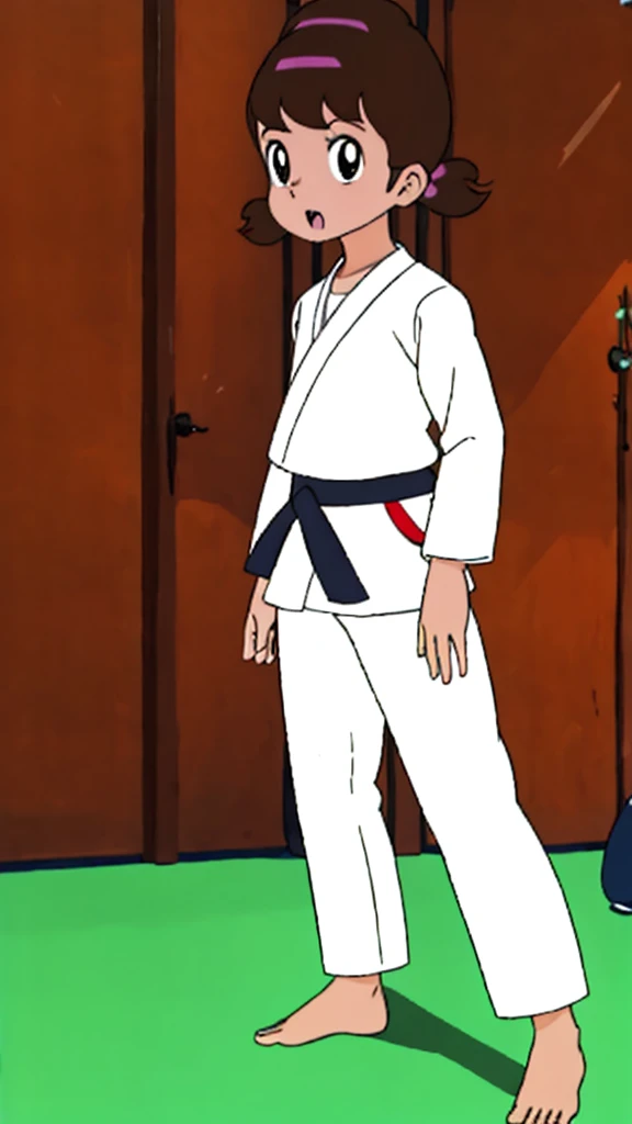 , highest quality, alone,1 girl,
 Akko-chan、Long sleeve white judo wear、白いJudo pants、barefoot、gym、On the tatami、Judo Posture、Grit your teeth、fight。

Wearing a judo uniform、Black belt、Ready to fight、
