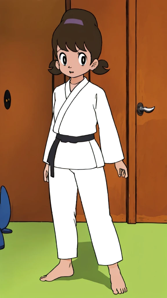 , highest quality, alone,1 girl,
 Akko-chan、Long sleeve white judo wear、白いJudo pants、barefoot、gym、On the tatami、Judo Posture、Grit your teeth、fight。

Wearing a judo uniform、Black belt、Ready to fight、