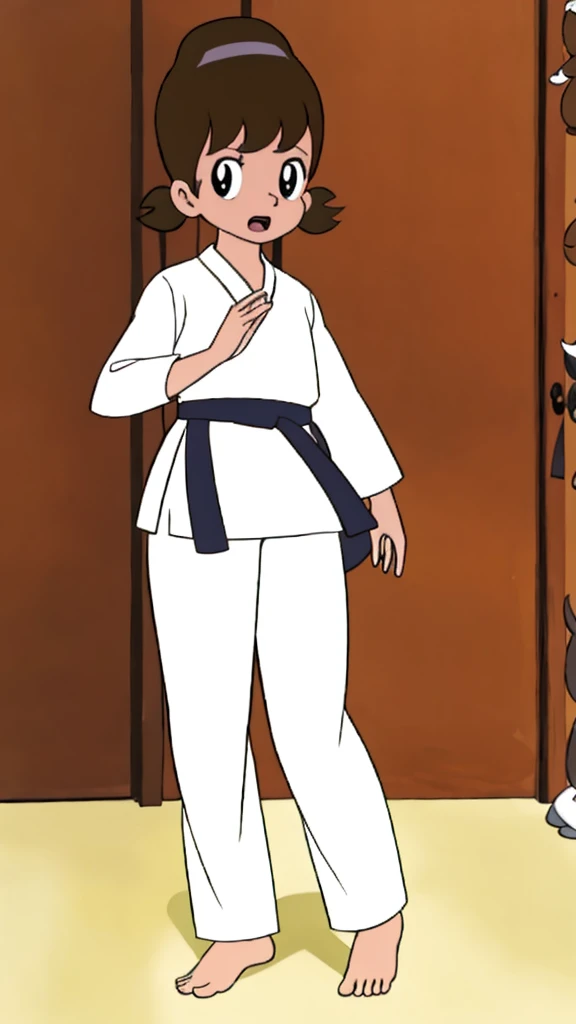 , highest quality, alone,1 girl,
Akko-chan、Long sleeve white judo wear、白いJudo pants、barefoot、gym、On the tatami、Judo Posture、Grit your teeth、fight。
Wearing a judo uniform、Black belt、Ready to fight、