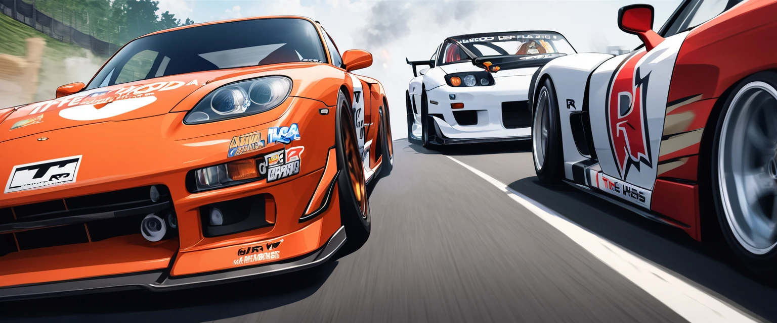 Two sports cars、race、Dead Heat、((The hood has a Japanese anime girl printed on it.))、((Car wrapping))、GTR vs RX7、drift、battle、Winding Road、Speed, from below