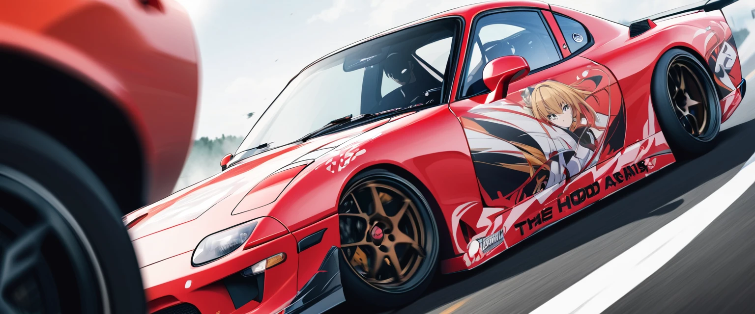 Two sports cars、race、Dead Heat、((The hood has a Japanese anime girl printed on it.))、((Car wrapping))、GTR vs RX7、drift、battle、Winding Road、Speed, from below