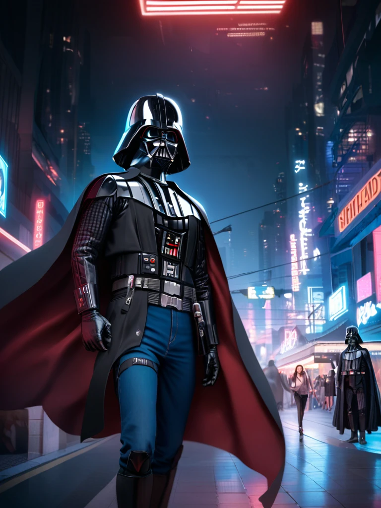 1 ******,Darth Vader ,Sozinho, estilo ciberpunk, (neon:1.2),Obra de arte, intricado, altamente detalhado, majestoso, digital fotography, hdr, fundo cyberpunk detalhado,bold eclectic styles, elementos punk , holographic prints, metallic details, Homem de preto_roupa,capuz, capuz_acima, Darth Vader helmet,(cape:1.2),armaduras, shoulder armaduras, (jeans:1.2), Guerra das Estrelas, (night time),cidade futurista,city street with neon signs and buildings on both sides of it at night time, segurando o sabre de luz vermelha, broken arm, ,(foto, studio lighting, luz dura, Sony a7, 50mm, pele fosca, poros, cores, hiperdetalhado, hiperrealista),