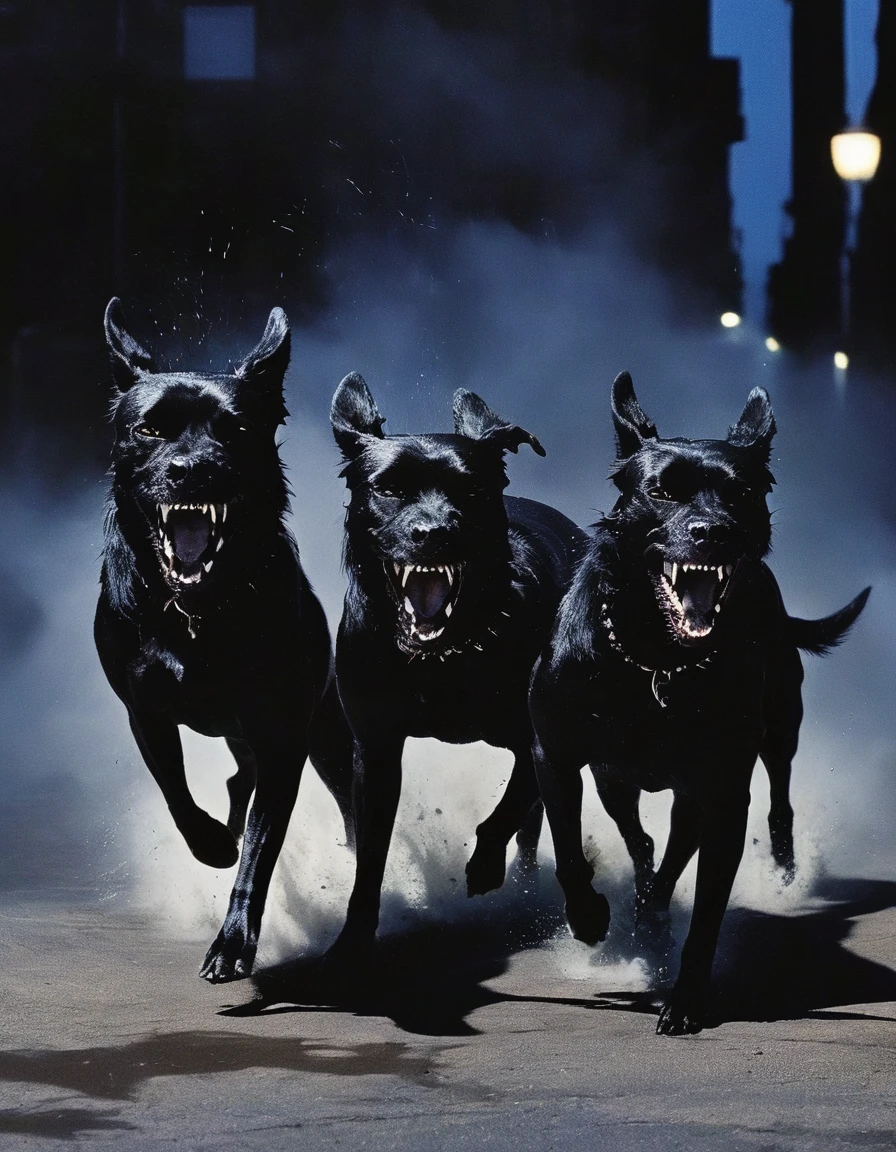 fashion shoot of an angry black dogs running on the night street
