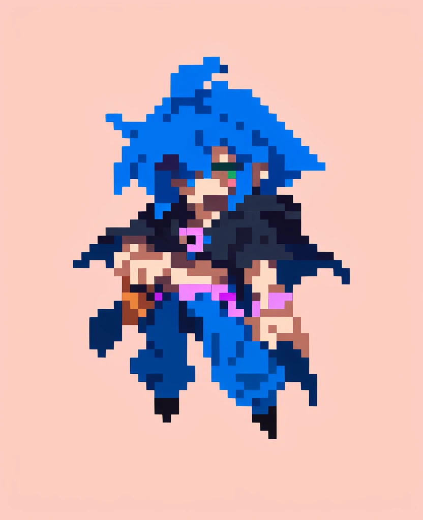 Little funny pixel magician in a dark t-shirt with dark blue pants and a black cloak and blue hair