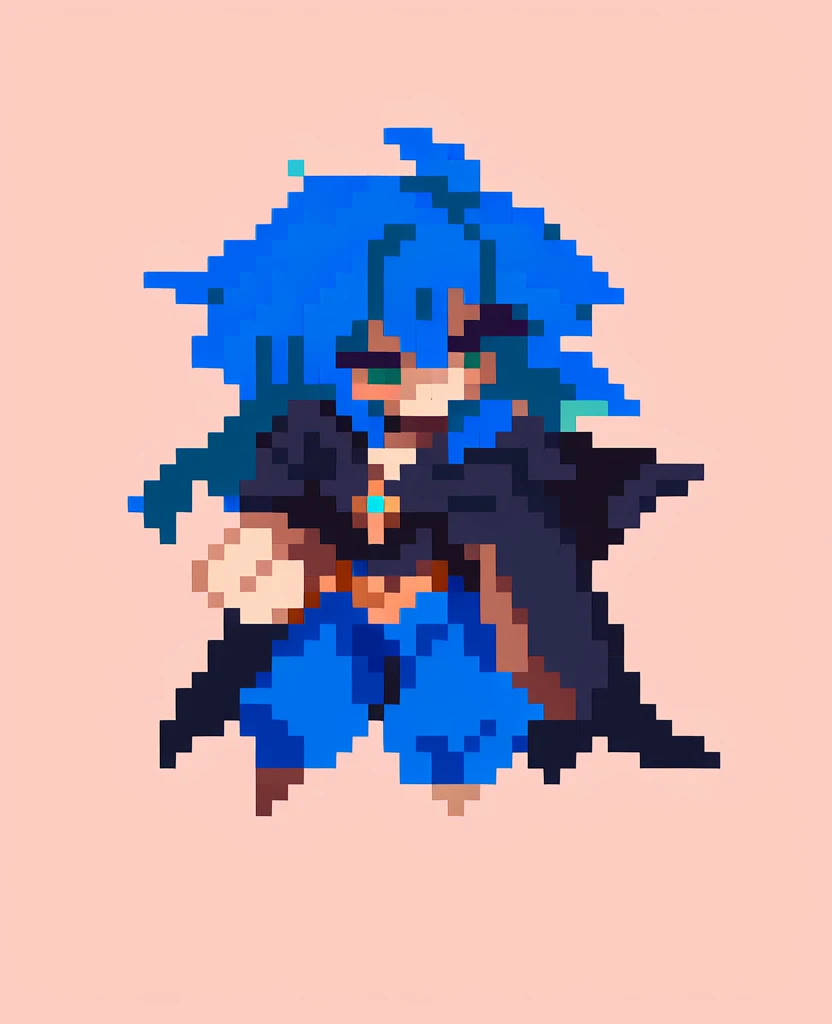Little funny pixel magician in a dark t-shirt with dark blue pants and a black cloak and blue hair