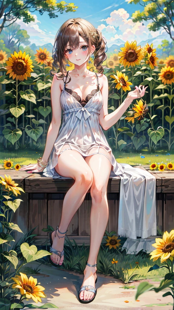 (Best quality, 8k, 32k, Masterpiece, UHD,:1.2),RAW, 1girl,ultra cute , natural lighting,transparent shining eyes, 20yo,medium breast ,fair complexion ,flushed face, giantess,feet in sandals,,legs,dress,pretty,long brown hair with soft curls of apricot color,avant-garde string camisole dress,braided sandals,The background is a colony of sunflowers,Sunlight sparkling,emphasize pretty feet,golden dark blonde hair,sexy toes,gorgeous feet,realistic beautiful feet