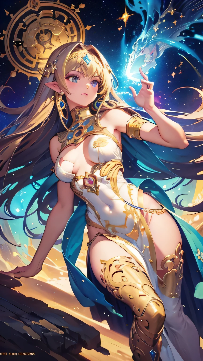 (The Goddess of Sand, beautifully decorated like in the movie, Golden Dress, Shiny gold tattoo), (Galactic Shaman with Quantum Energy Fantasy), Fantasy magic, Long Hair, Dark light night, complicated, Mysterious, Sharp focus, figure, Very detailed, Digital Painting, Concept art, mat, (art:WLOP), (Justin Gerard and Jason Edmiston: 1.5), (By Gregg Rutkowski: 0.4), (Alphonse Mucha: 0.4), masterpiece