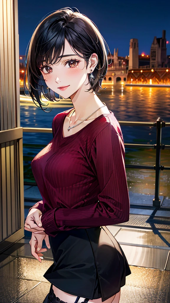 (masterpiece:1.3, Highest quality, Ultra-high resolution, Super detailed), (Realistic, photoRealistic:1.4), Beautiful illustrations, Perfect lighting, colorful, Depth of written boundary, Beautiful detailed hair, Beautifully detailed face, Beautiful fine details, Beautiful clavicle, Beautiful body, 美しいLarge Breasts, Beautiful thighs, Beautiful feet, Beautiful fingers, View Viewer、Front view:0.6, Beauty1人, Japanese, Beauty、30 years old, Perfect Face, (Perfect Anatomy, Anatomically correct), Cute and symmetrical face, Baby Face, , Shiny skin, ((Bordeaux sweater:1.4)), ((Garter skirt 1.5))、 (Black Hair, Short Hair:1.4), Dark brown eyes, Large Breasts, Slim body, necklace, (Small earrings:1.3), (Beautiful views), (night), (city, cityscape in the distance), Are standing, A soft smile、(Smile, Lips parted),