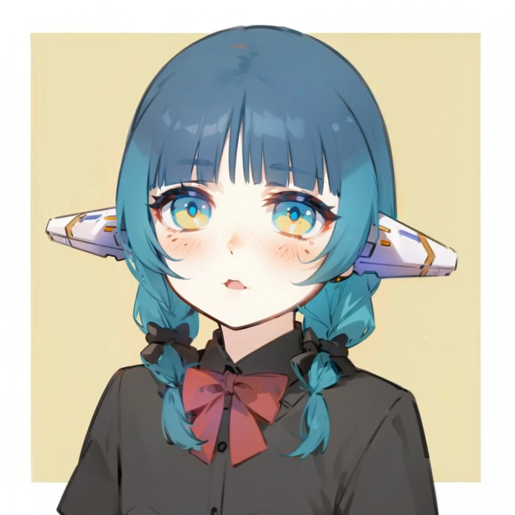 cyborg anime girl, robot ears, blue and yellow eyes, freckles