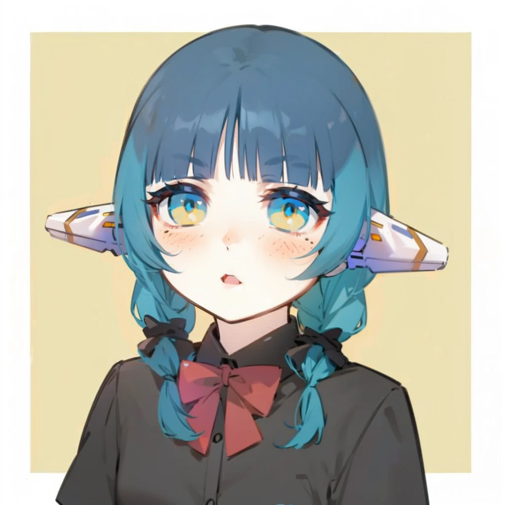 cyborg anime girl, robot ears, blue and yellow eyes, freckles