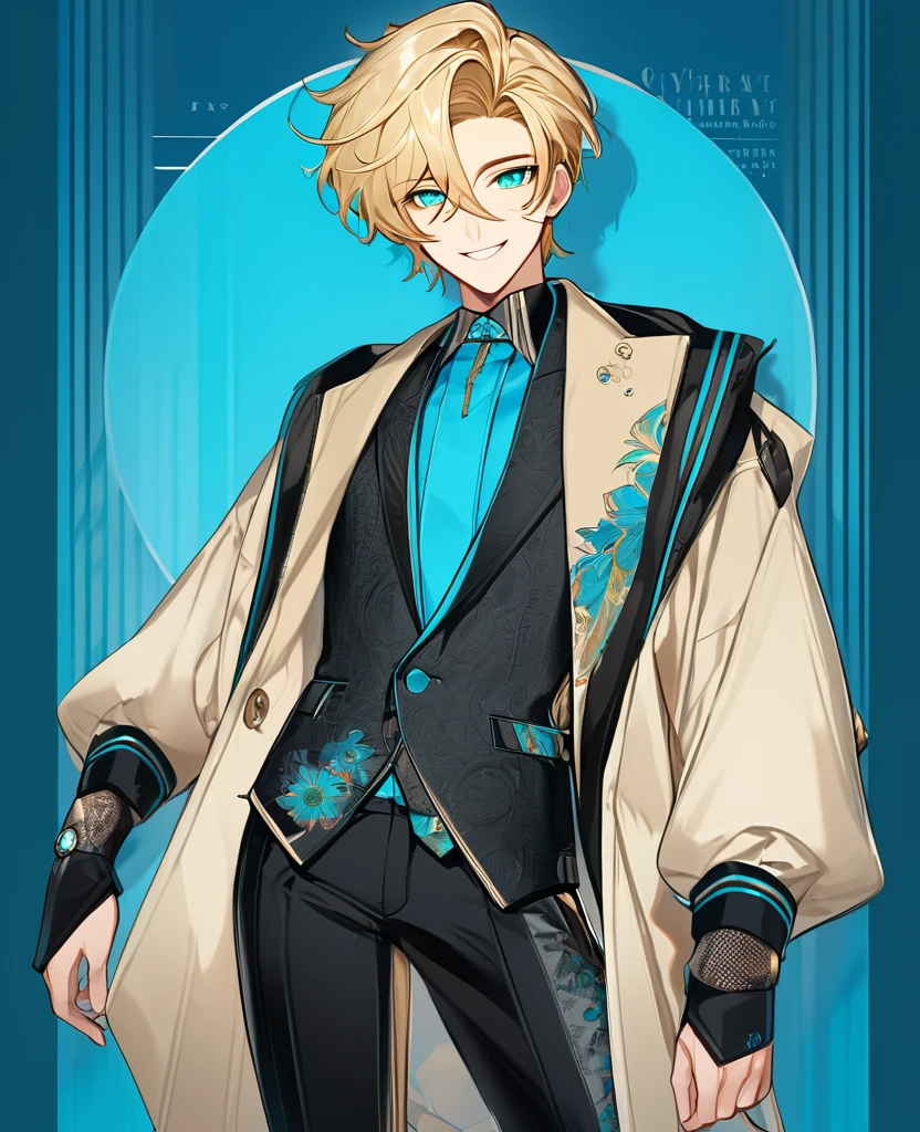  (Blonde_hair), (Cyan_vibrant_eyes), (detailed_eyes), (warm_smile), (attractive), (background_lounge), (male), (detailed_Hair), (detailed), wears a 19's type of fashion clothes