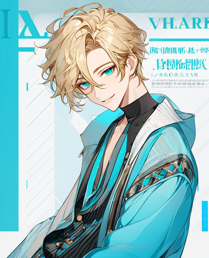  (Blonde_hair), (Cyan_vibrant_eyes), (detailed_eyes), (warm_smile), (attractive), (background_lounge), (male), (detailed_Hair), (detailed), wears a 19's type of fashion clothes