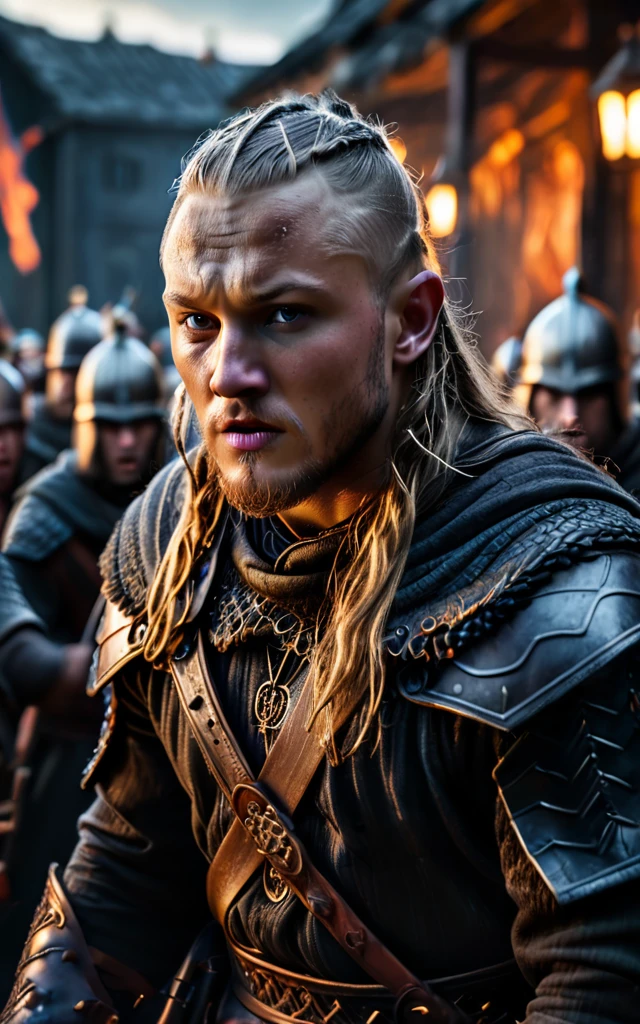 king ragnar lothbrok surrounded by enemy soldiers attacking him with no chance of defense, background dark, hyper realistic, ultra detailed hyper realistic, photorealistic, Studio Lighting, reflections, dynamic pose, Cinematic, Color Grading, Photography, Shot on 50mm lens, Ultra-Wide Angle, Depth of Field, hyper-detailed, beautifully color, 8k, Detailed background, dark light, twilight lighting, Volumetric lighting, intricate details, ultra high definition,