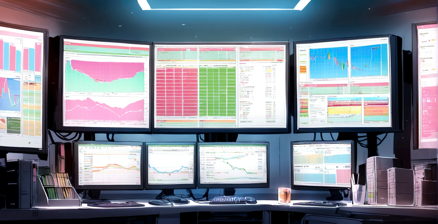 A desk with two computer monitors, Displaying stock charts,transaction, transaction stocks,