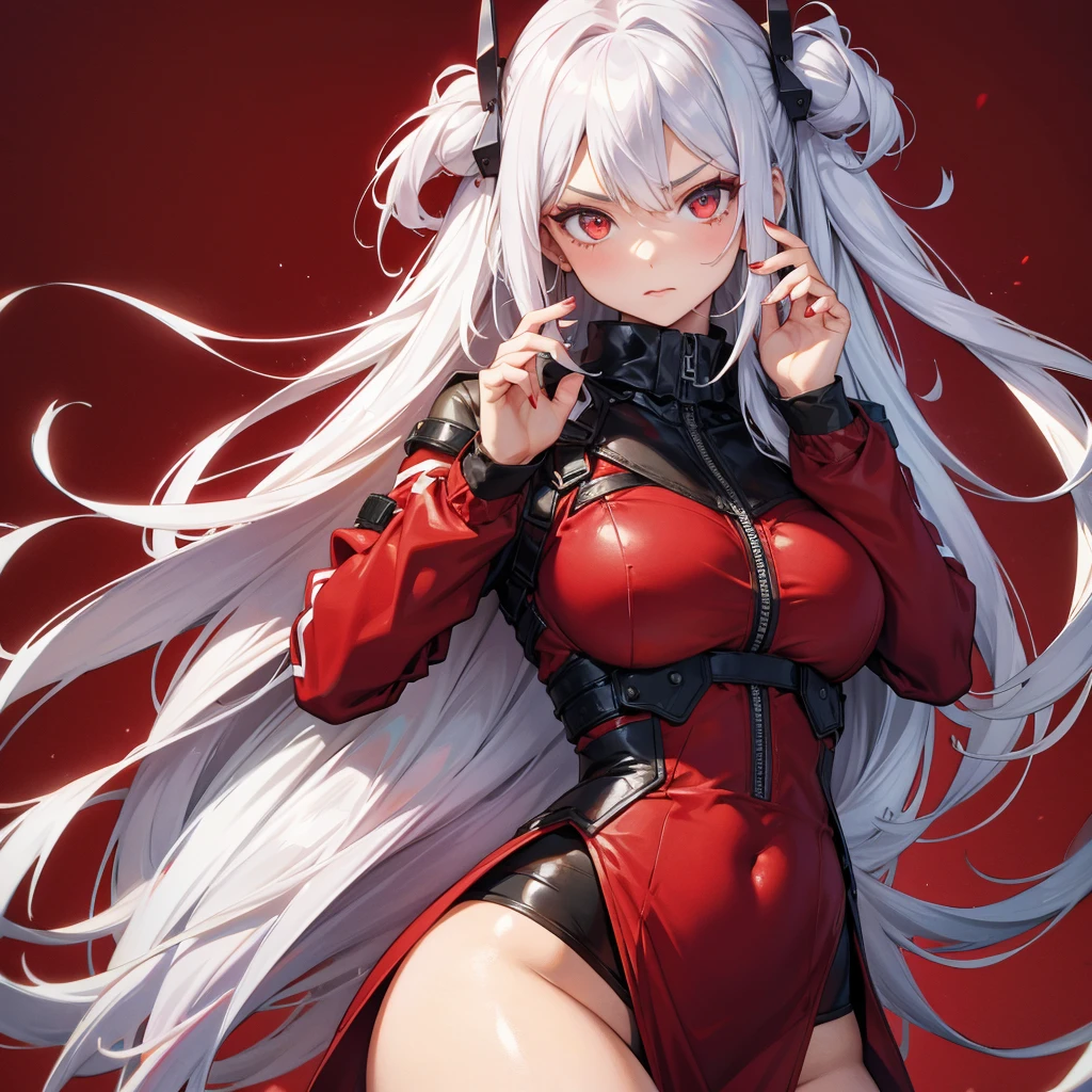 1girl、Dynamic composition、((Perspective Lens, A woman with long white hair and red inner color, Dynamic poses with serious and mean expressions, Holding a large Barrett MB2A1 with both hands:1.5)) ((Pure Red Background:1.2)),Anime Style、detailedな目、Looks like she's in her early 20s,Shooting in mid-motion,With her long braided hair fluttering. Her outfit is reminiscent of a butterfly,Black, red and gold colour palette,Be playful.neon_outlines,Super huge、detailed、gun、((Looking into the sight of the viewer:1.5)),