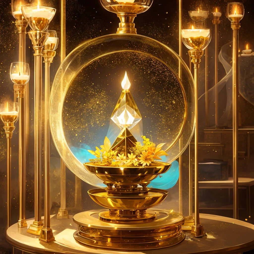 SF , Round closed space made of gold and glass , Incorporate natural elements into your altar , magic floating in the air , colorful elements , Attention to detail , Realistic