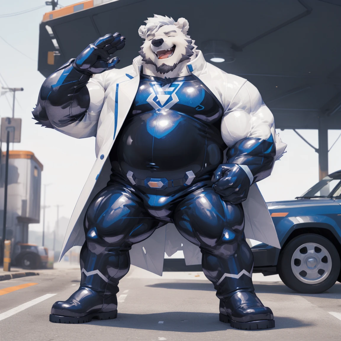 masterpiece, best quality, 8k resolution, Very detailed, hairy,(((polar bear)),(((Mature))),(((beard))),(((Strong))),(((White hair all over body))),portrait,(((White hair))),(((Roadside))),(((Left hand on waist))),For the audience,(((Purple gel coat))),(((Tight rubber suit))),Highest quality scene,Solitary,solitary,(((whole body))),(((With eyes closed))),(((Right hand salute))),(((Standing with legs apart))),(((Laughing))),((Fat-enclosed muscle)),(((Round face))),(((alone))),(((Strong body))),(((Hip bulge))),(((huge))),(((Super hero))),(((Long legs)))