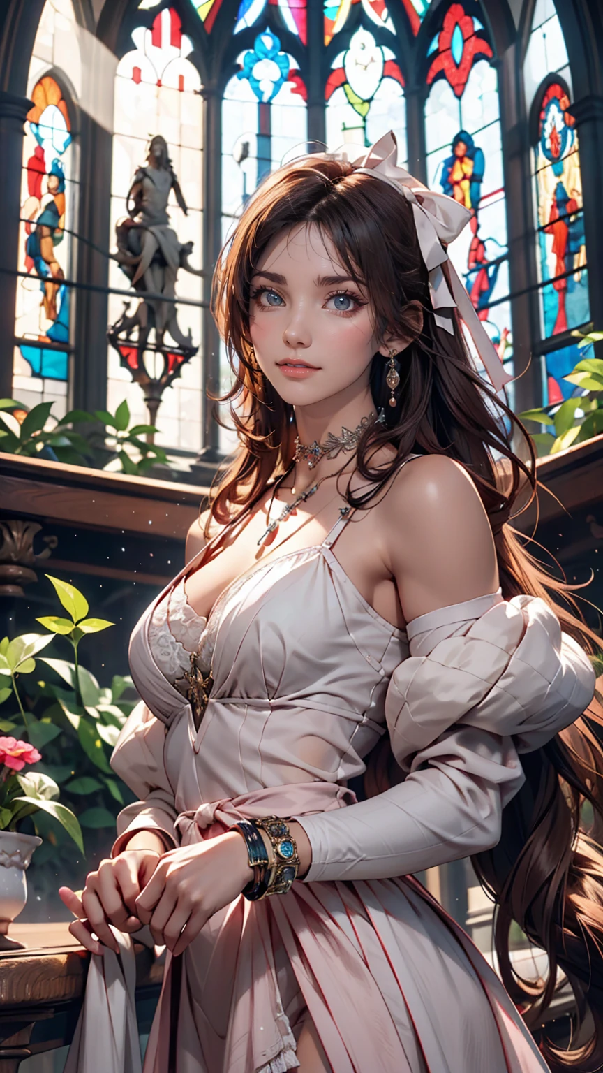 Model shooting style, (Highly detailed CG Unity 8k wallpaper), Full body photos of the most beautiful works of art in the world, Medieval Queen, Green Veil, Dark Skin, Black women, Gold crown, diamond, Medieval architecture, Professional, majestic oil painting by Ed Blinky, Atey Gailan, Studio Ghibli, Jeremy Mann, Greg Manchess, Antonio Moro, Trending on Art Station, Trending on CGSociety, Complex, Attention to detail, Sharp focus, dramatic, Photorealistic paintings by Midjourney and Greg Rutkowski、24-year-old female、Sexy proportions、Sexy breasts、Narrow waist、Long eyelashes、Side Ponytail((side ponytail))、hair band((hair ribbon))、Red hair、Textured skin((textured skin))、smile