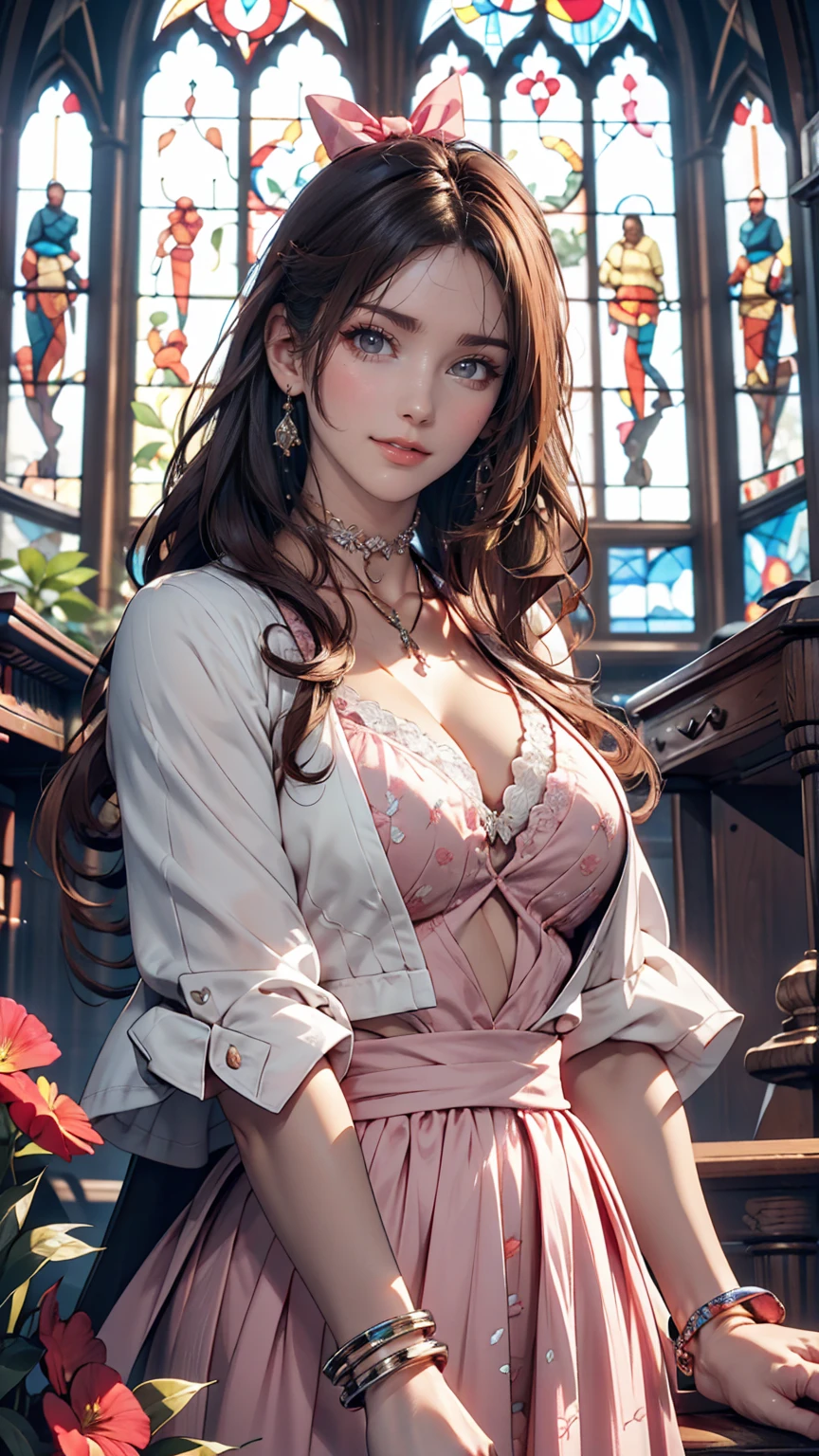 Tabletop, Highest quality, High resolution, Ticker, Super detailed, High resolution, Highly Detailed CG Unity 8K Wallpaper, Perfect artwork, Perfect female body type, One Girl, Aerith Gainsborough, Choker Necklace, Cropped jacket, Hair Ribbon, bracelet, Pink Dress, Displaying the viewer, A light smile, indoor, Stained Glass Windows, garden,Mid-chest、More information Eye Makeup