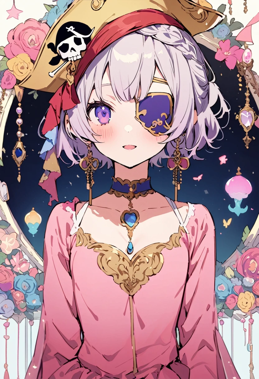 masterpiece, Highest quality, Illustration of the novel, High resolution, 18+ Adult content, Sensual, Intimate, Emotional, Passionate, romantic, sweet, Adorable, Innocent, Pure, Charmな, Charmな, Charm, mysterious, Charmな, Charmな, Immersive, Charmな, dream-like, Surreal, Imaginative, Whimsical, Artistic, Avant-garde, timeless, elegant, Sophisticated, chic, Sophisticated, personality, original, Charmな,(( Pirate:1.3)),((Eye patch:1.3))、((Upper Body:1.3))