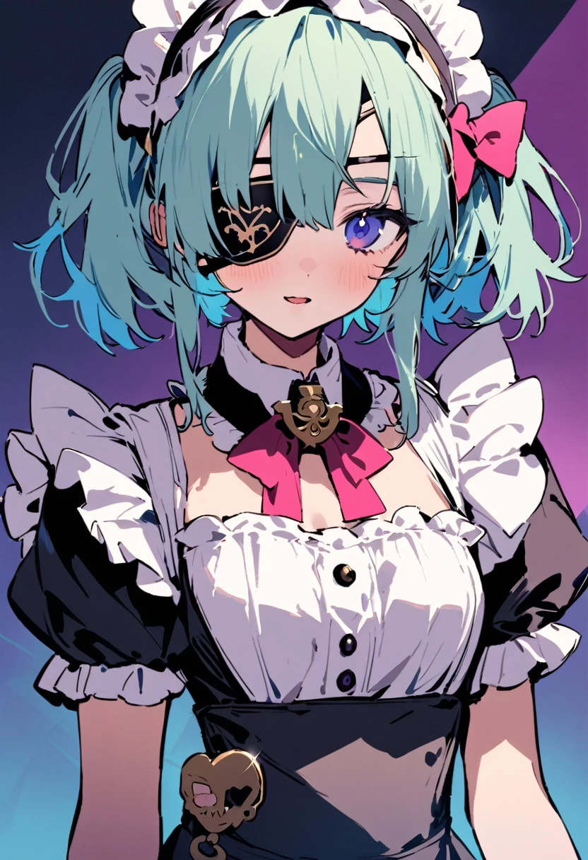 masterpiece, Highest quality, Illustration of the novel, High resolution, 18+ Adult content, Sensual, Intimate, Emotional, Passionate, romantic, sweet, Adorable, Innocent, Pure, Charmな, Charmな, Charm, mysterious, Charmな, Charmな, Immersive, Charmな, dream-like, Surreal, Imaginative, Whimsical, Artistic, Avant-garde, timeless, elegant, Sophisticated, chic, Sophisticated, personality, original, Charmな,((Maid clothes:1.3)),(( Pirate:1.3)),((Eye patch:1.3))、((Upper Body:1.3))