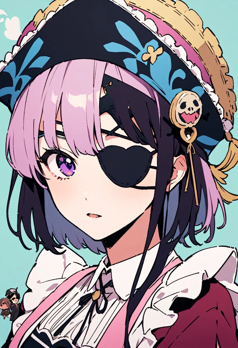 masterpiece, Highest quality, Illustration of the novel, High resolution, 18+ Adult content, Sensual, Intimate, Emotional, Passionate, romantic, sweet, Adorable, Innocent, Pure, Charmな, Charmな, Charm, mysterious, Charmな, Charmな, Immersive, Charmな, dream-like, Surreal, Imaginative, Whimsical, Artistic, Avant-garde, timeless, elegant, Sophisticated, chic, Sophisticated, personality, original, Charmな,((Maid clothes:1.3)),((Loli Pirate:1.3)),((Eye patch:1.3))、((Upper Body:1.3))