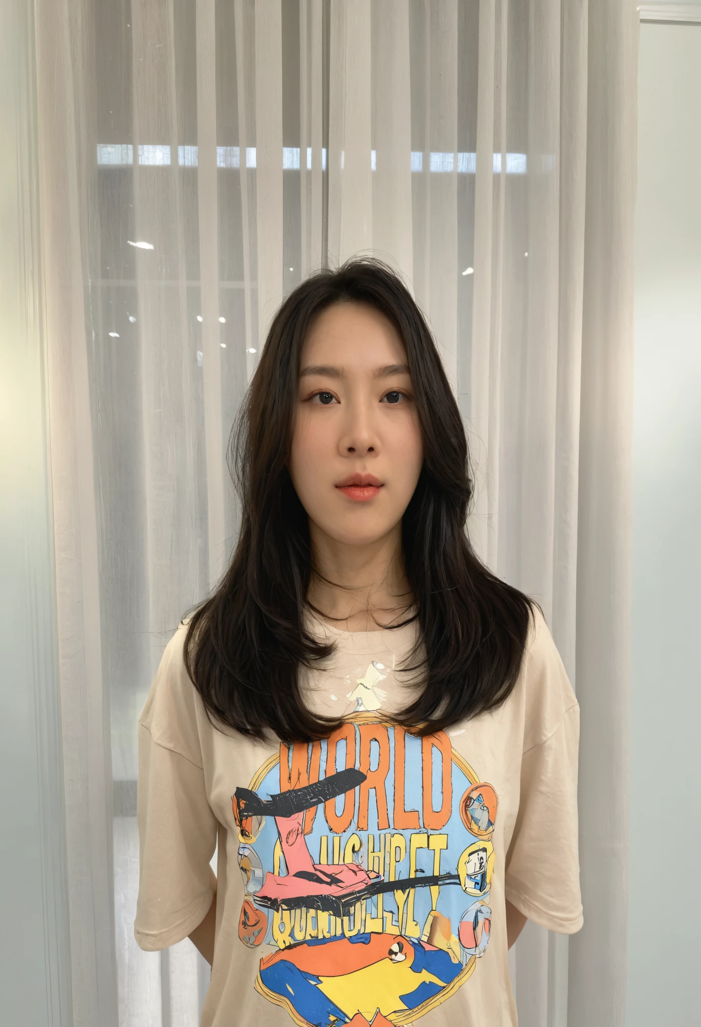 Best Quality, 8k, Masterpiece, (Portrait: 1.3), (photo realistic:1.4), (hyper realistic:1.4), Sharp Focus, looking at viewer, (smoother lighting:1.1), (increase cinematic lighting quality:0.9), realistic lighting, backlighting, light on face, ray trace, (brightening light:1.2), (Increase quality:1.4), sharp detail, (best quality real texture skin:1.4), finely detailed eyes, black_eyes, finely detailed face, 25 year old Korean woman, (beige t-shirt:1.4), (Create an image maintaining the original base model hairstyle:1.5)