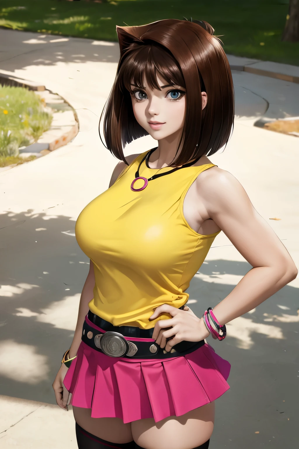 masterpiece, best quality, highres, perfect face, perfect anatomy, aamazaki, (antenna hair:1.2), sleeveless, belt, necklace, yellow shirt, miniskirt, bracelet, pink skirt, black thighhighs, outdoors, cowboy shot, standing, large breasts,