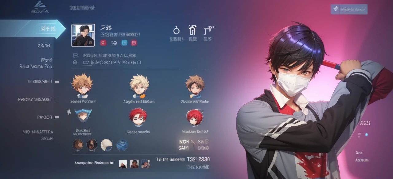 a white anime kid with black hair and black and brown eyes a light blue t-shirt with a red mouth mask