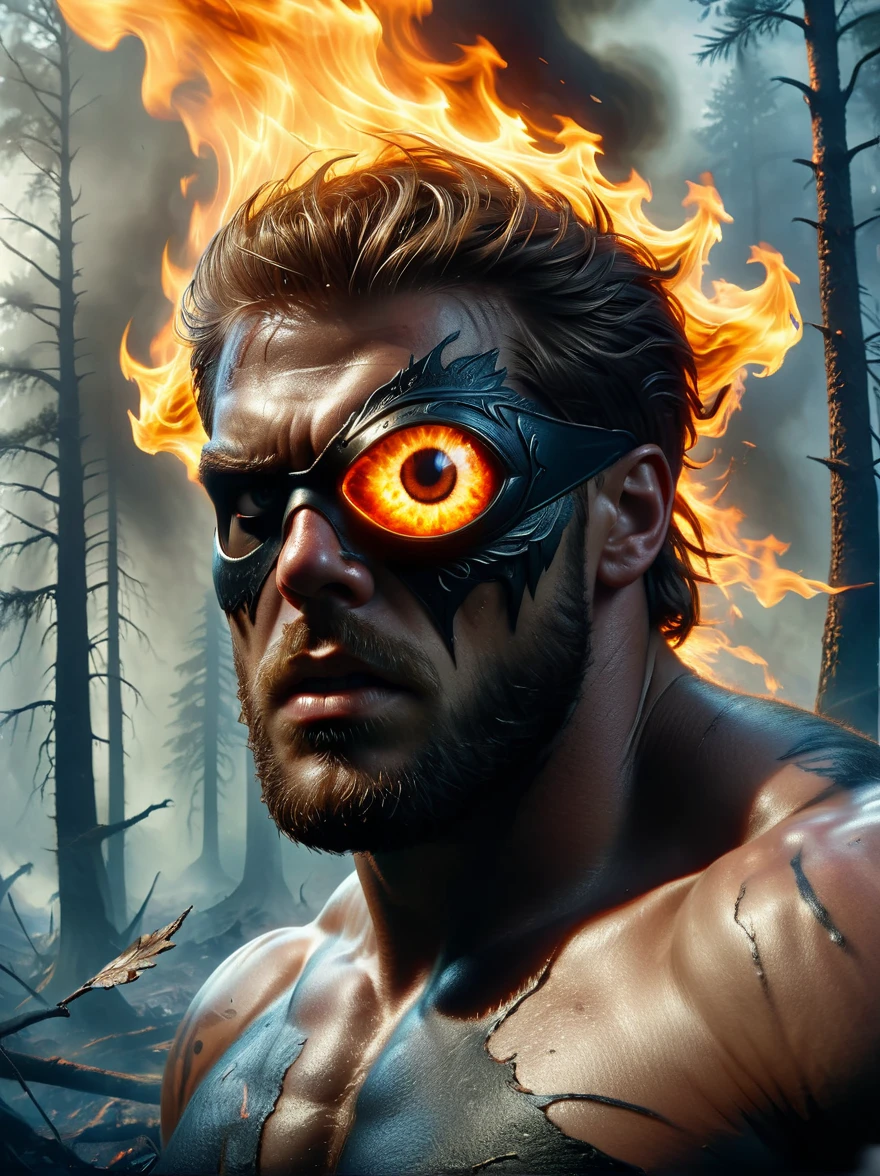 Creatures from Norse mythology，(Tall Cyclops:1.3)，(The huge single eye is covered by a black eye patch:1.4)，powerful，muscular，Wild，Intricate details，forest，Blazing Hell，harsh environment，Fantasy Art，Dark Fantasy，Intense gaze, Dramatic lighting，fire，cigarette，，epic，destroy，fear(Best quality，8k，high resolution，masterpiece:1.2)，Ultra Detailed，(1.4 times more realism）