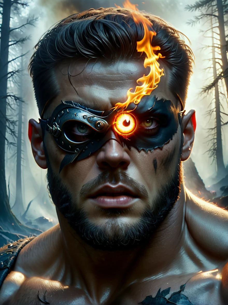 Creatures from Norse mythology,(Tall Cyclops:1.3),(The huge single eye is covered by a black eye patch:1.4),powerful,muscular,Wild,Intricate details,forest,Blazing Hell,harsh environment,Fantasy Art,Dark Fantasy,Intense gaze, Dramatic lighting,fire,cigarette,,epic,destroy,fear(Best quality,8k,high resolution,masterpiece:1.2),Ultra Detailed,(1.4 times more realism)