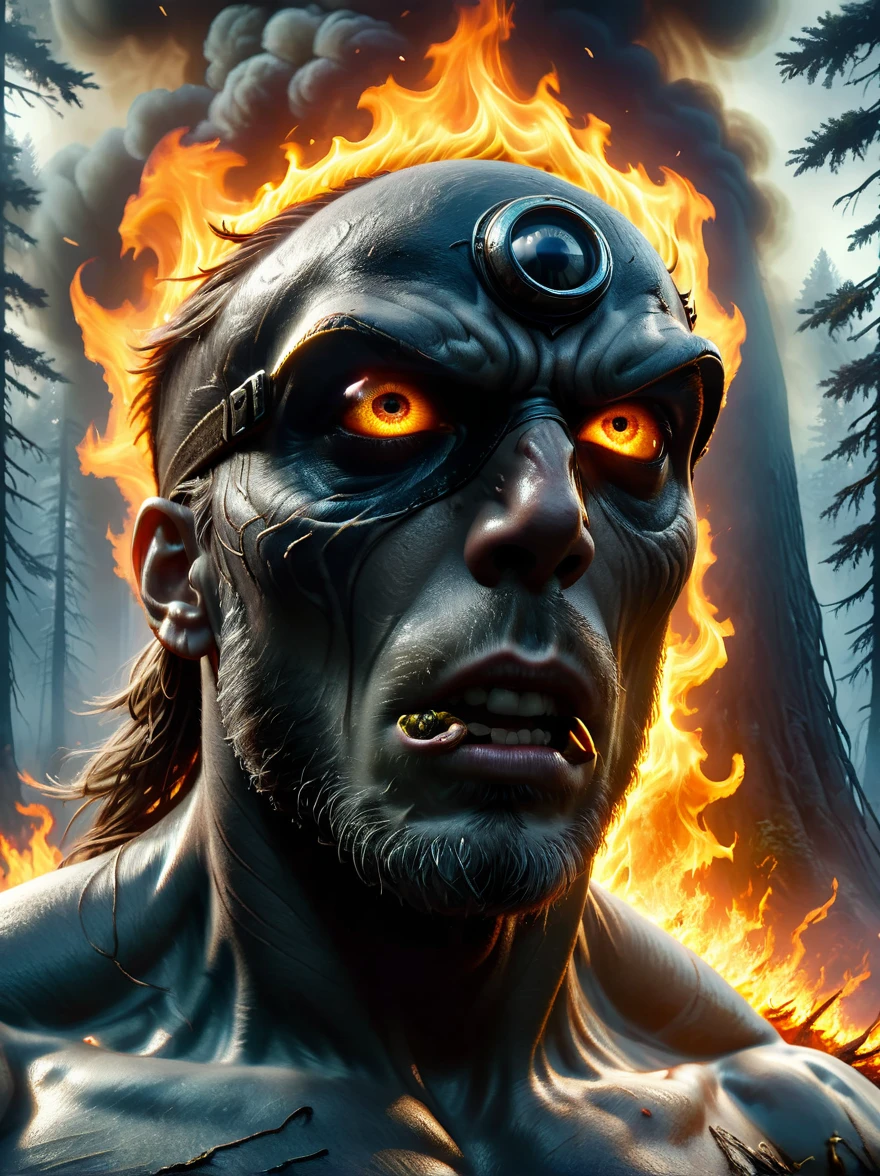 Creatures from Norse mythology,(Tall Cyclops:1.3),(The huge single eye is covered by a black eye patch:1.4),powerful,muscular,Wild,Intricate details,forest,Blazing Hell,harsh environment,Fantasy Art,Dark Fantasy,Intense gaze, Dramatic lighting,fire,cigarette,,epic,destroy,fear(Best quality,8k,high resolution,masterpiece:1.2),Ultra Detailed,(1.4 times more realism)