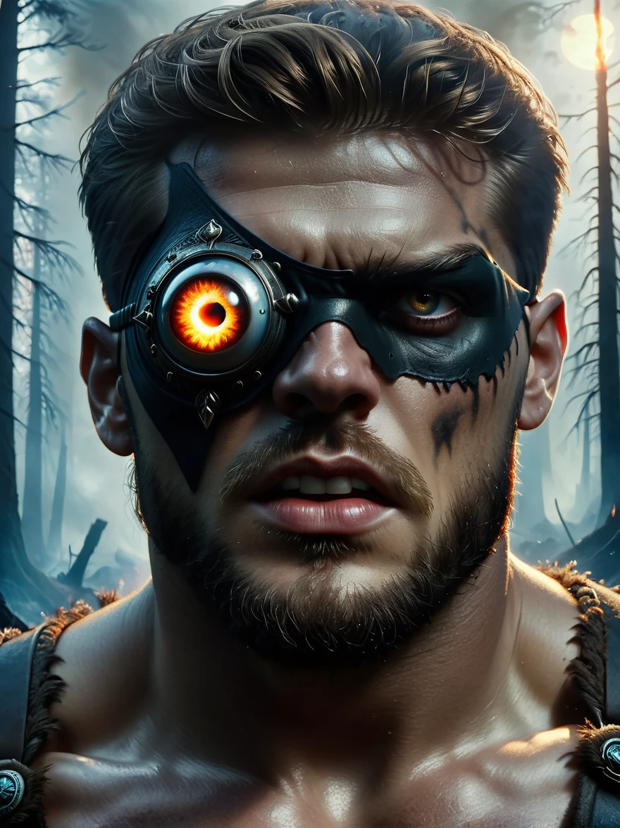 Creatures from Norse mythology,(Tall Cyclops:1.3),(The huge single eye is covered by a black eye patch:1.4),powerful,muscular,Wild,Intricate details,forest,Blazing Hell,harsh environment,Fantasy Art,Dark Fantasy,Intense gaze, Dramatic lighting,fire,cigarette,,epic,destroy,fear(Best quality,8k,high resolution,masterpiece:1.2),Ultra Detailed,(1.4 times more realism)