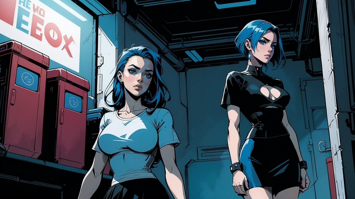 woman with medium length blue hair, in a white T-shirt with comics and a black skirt, cyberpunk art, gothic art, cute aesthetic with atmosphere, Cartoon aesthetics, in a red suit, wear gothic accessories