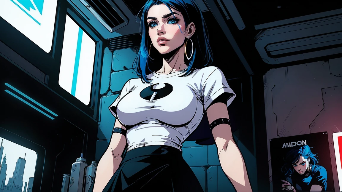 woman with medium length blue hair, in a white T-shirt with comics and a black skirt, cyberpunk art, gothic art, cute aesthetic with atmosphere, Cartoon aesthetics, in a red suit, wear gothic accessories