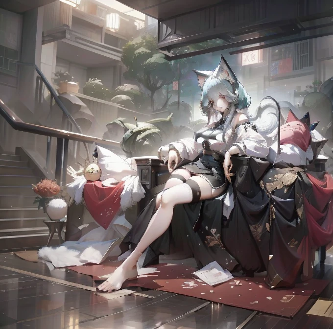Taiwanese girl 18 years old with baby face and big breasts Asian woman wearing white shirt and black shorts lying on yoga mat，Anime Girls Cosplay，cat ears and tail, cat ears anime girl, Ahri from League of Legends is a girl wearing a maid outfit，have big breasts，There are three women in maid costumes，Doing push-ups on mat in gym，charming depiction，Lively and dynamic