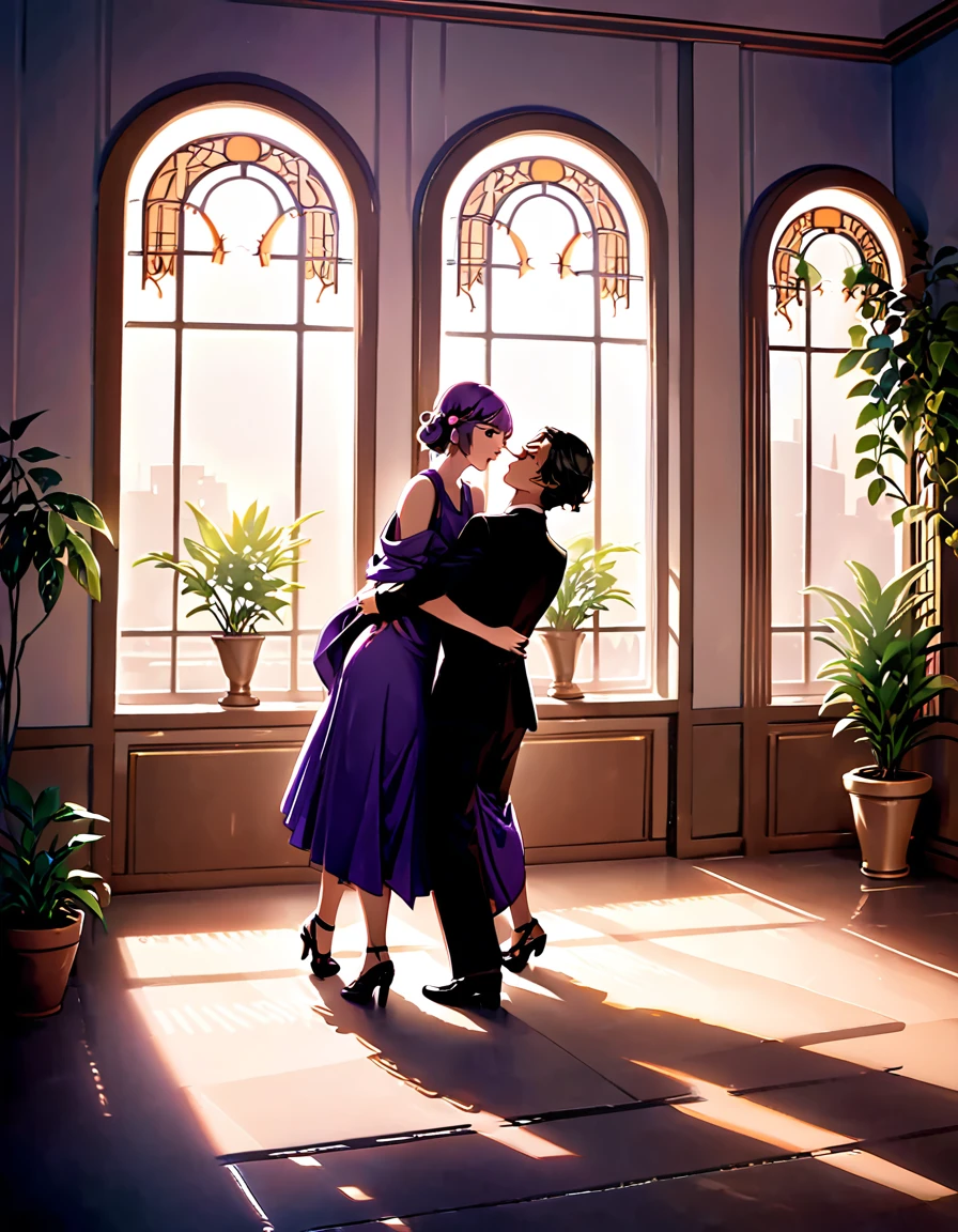 In an Art Deco-style room in the 1920s, an arched window leads to a balcony, it is dusk outside, A small star is coming,  outthere is a potted plant by the window, and a man and woman are dancing the tango facing each other. The man is facing forward and the woman has her back to the viewer. The man is wearing a black suit and the woman is wearing a long purple dress. The dress is sleeveless with a large V-shaped opening at the chest and a long slit, exposing their thighs. The lighting is from directly above, and shadows are cast on the eye sockets, making it impossible to read their expressions.
