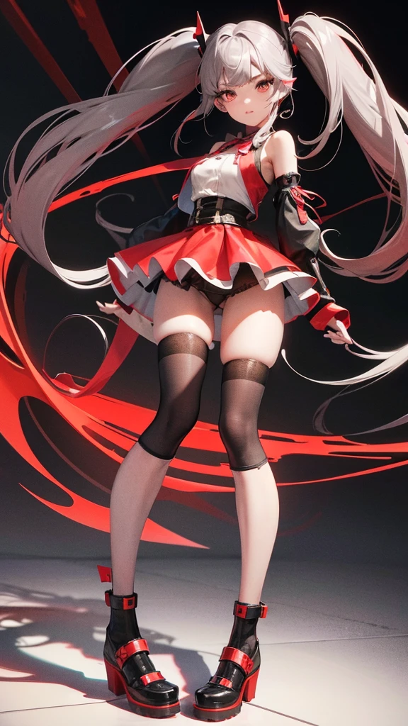 girl in a short mini skirt in knee-length stockings, red-gray hair,Twin Tail, full height, beautiful face, types of panties, 3D wallpaper.